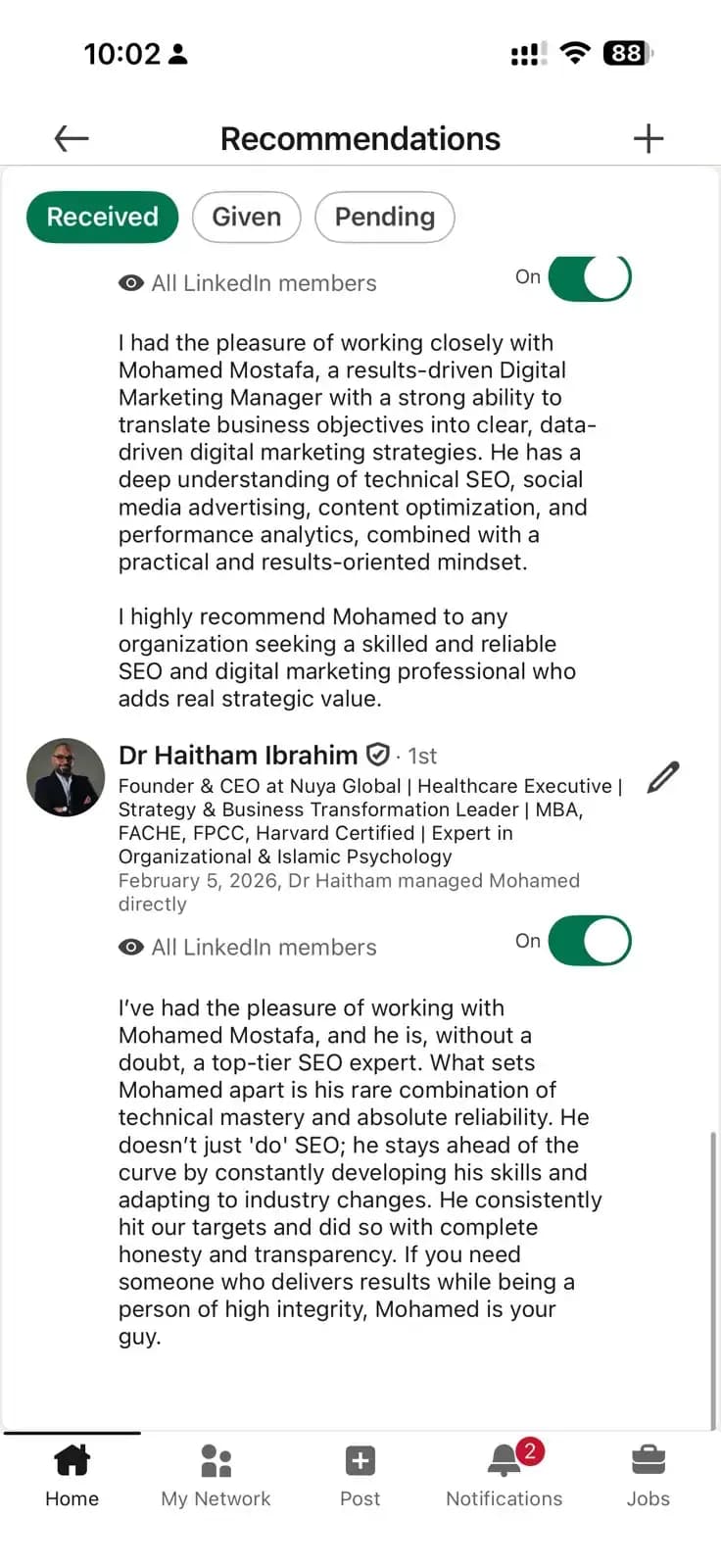 سكرين شوت لتوصية من LinkedIn