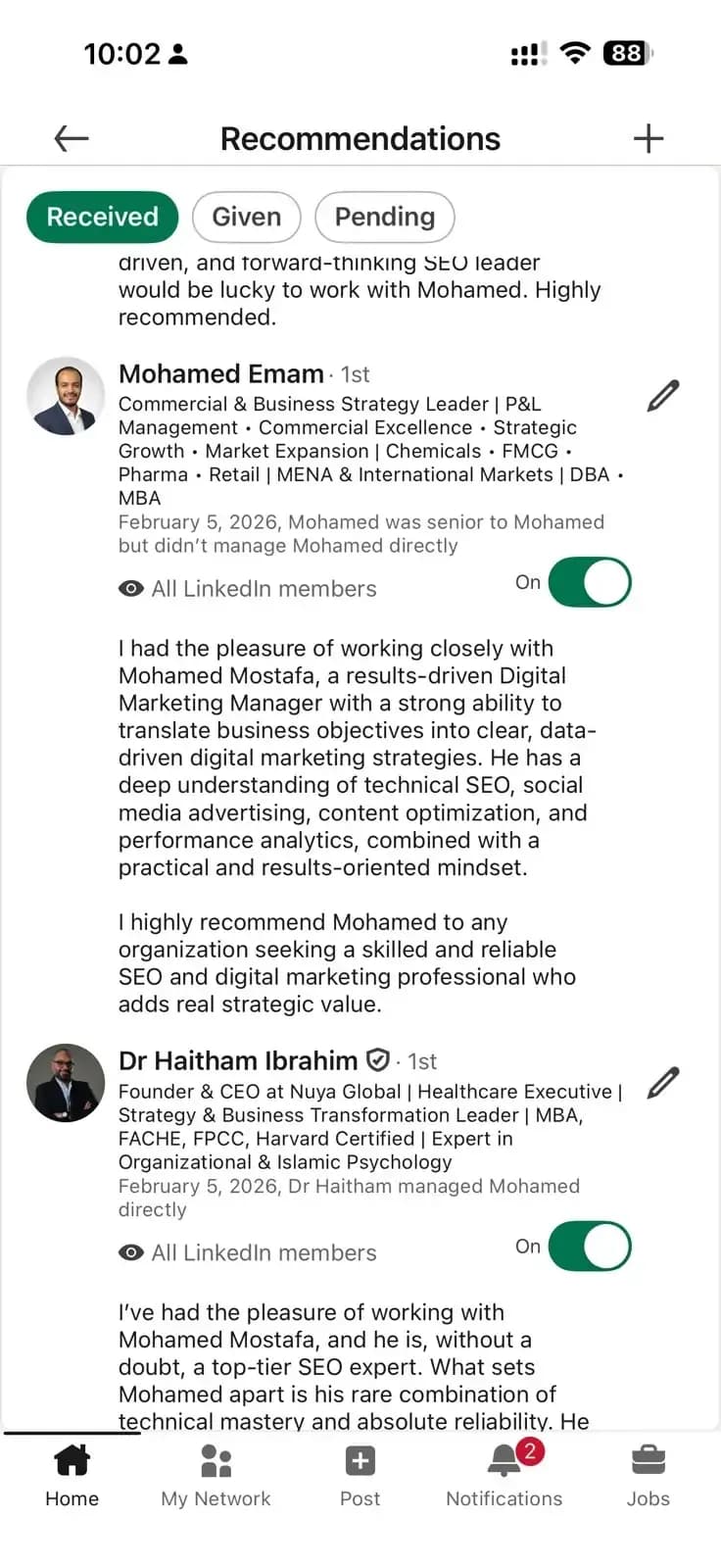سكرين شوت لتوصية من LinkedIn