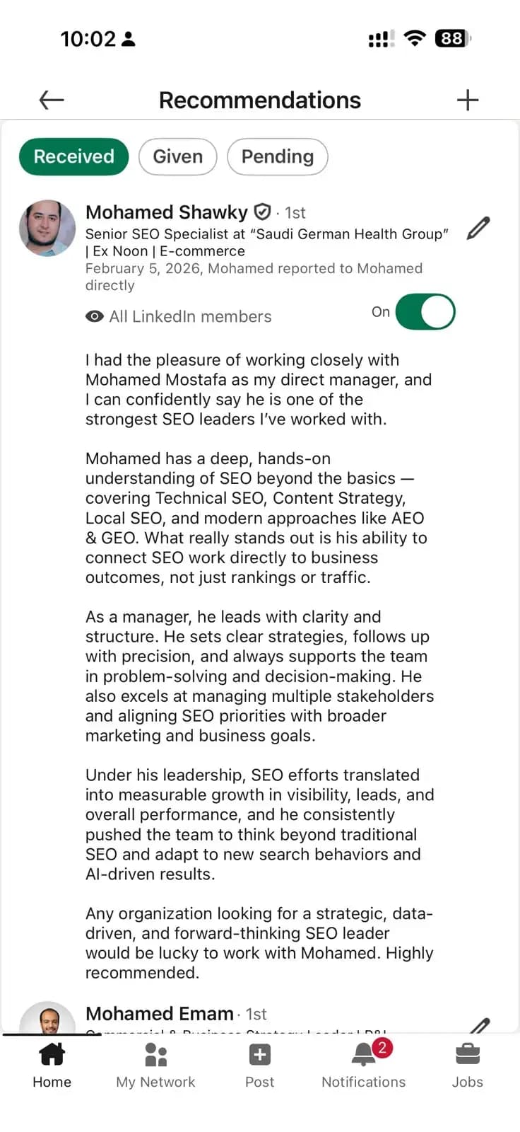 سكرين شوت لتوصية من LinkedIn